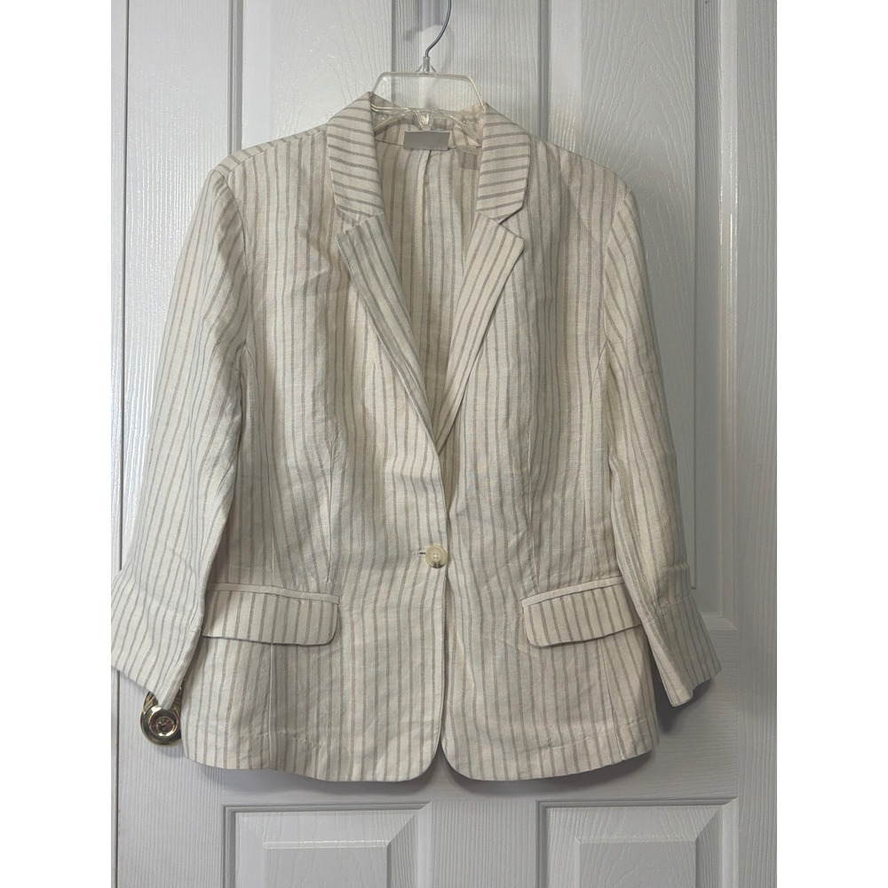 Chicos Women Linen Striped Blazer Jacket Cream Tan Size 1 570140719